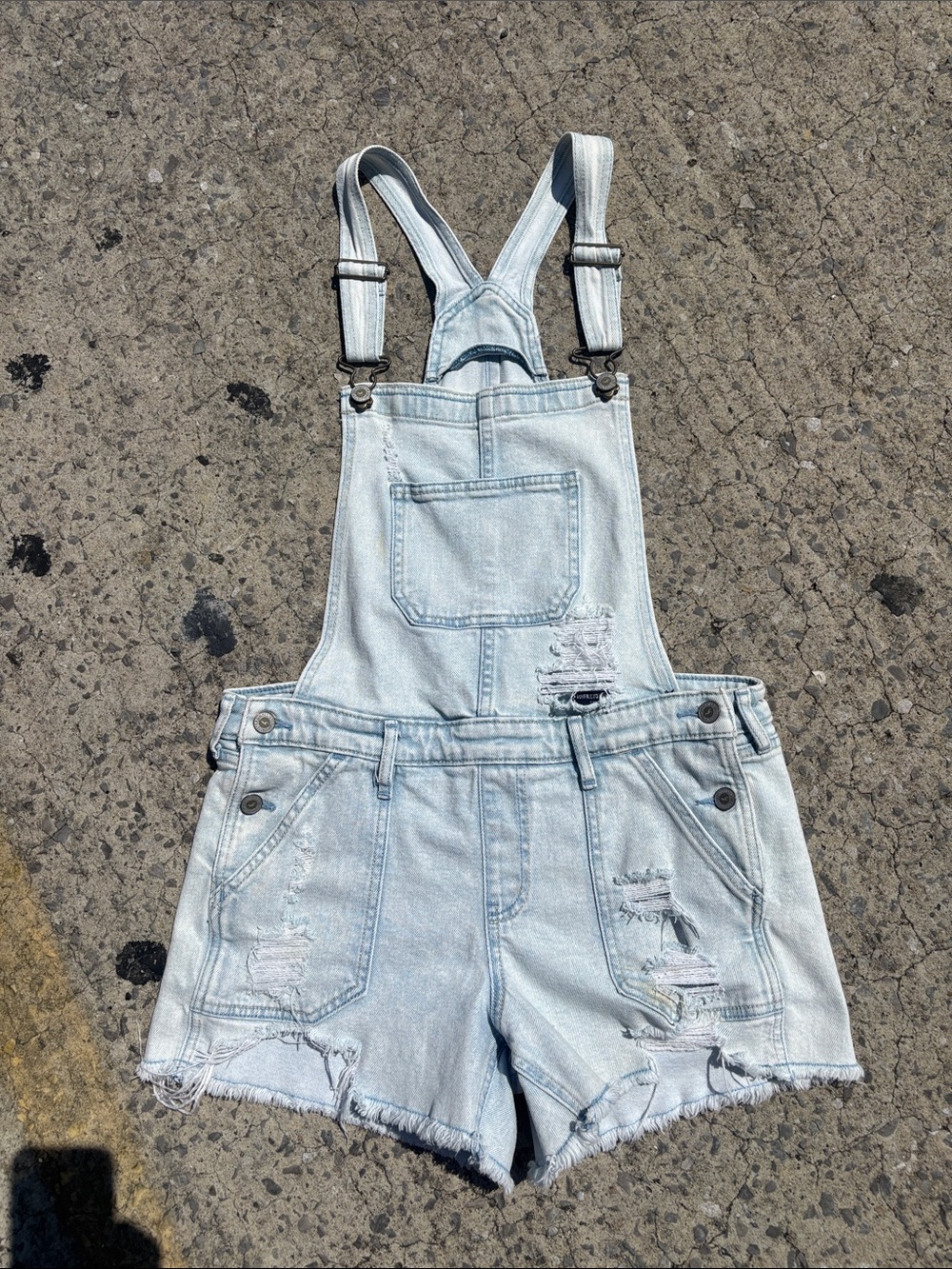 Size M Hollister Light Blue Boyfriend Short Distressed Denim Overalls